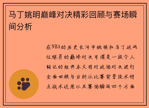 马丁姚明巅峰对决精彩回顾与赛场瞬间分析