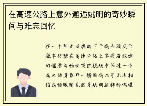 在高速公路上意外邂逅姚明的奇妙瞬间与难忘回忆